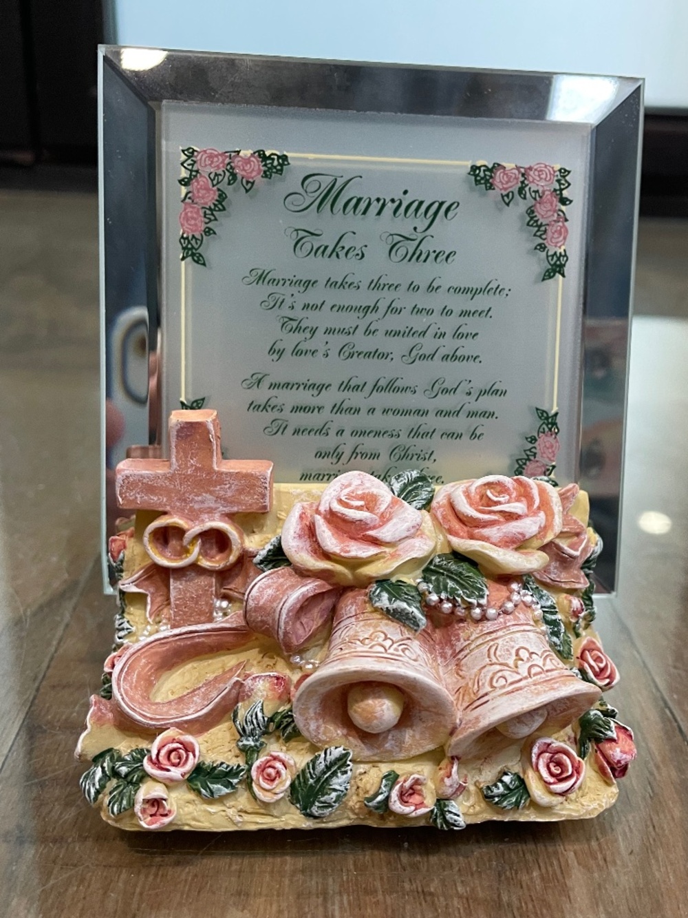 New "Marriage Takes Three" Mirrored Plaque with Stand